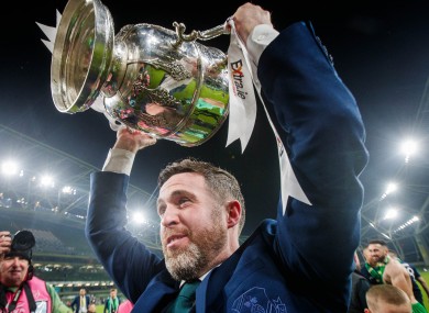 Stephen Bradley celebrates with the FAI Cup trophy.