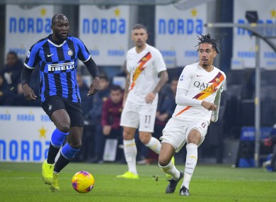 Inter's Romelu Lukaku in action against Chris Smalling of Roma.