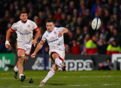 Ulster's John Cooney takes the winning kick of the game.