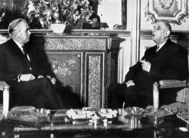 British PMHarold Wilson, left, meets with French President Charles de Gaulle at the Elysee Palace. Later that year, de Gaulle would veto Britain's efforts to join the-then EEC. After de Gaulle's death Britain eventually joined the EEC.