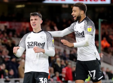 Jason Knight is congratulated by Jayden Bogle after scoring for Derby County against Middlesbrough.