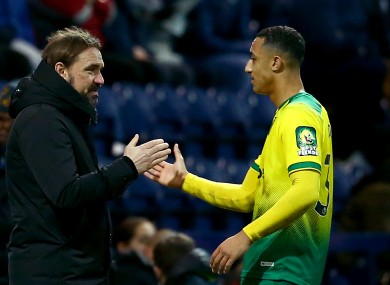 Norwich City manager Daniel Farke pictured with Adam Idah during last weekend's win against Preston North End.
