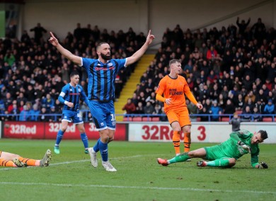 Rochdale's Aaron Wilbraham celebrates his goal against Newcastle.