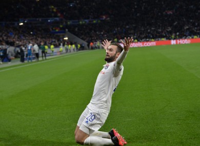 Lucas Tousart celebrates scoring the winning goal.