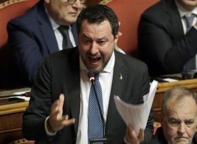 Salvini at the Italian Senate debate on whether to allow him to be prosecuted – as he demands to be - for alleging holding migrants hostage for days aboard coast guard ship Gregoretti instead of letting them immediately disembark in Sicily,