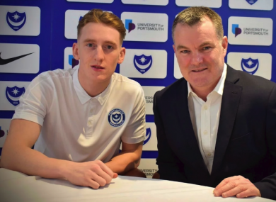 Ronan Curtis at the announcement of his new contract with Tony Brown, Portsmouth FC's chief operating officer.