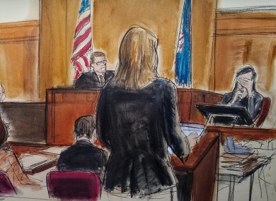 In this courtroom sketch, a witness weeps as she testifies during the Harvey Weinstein trial.