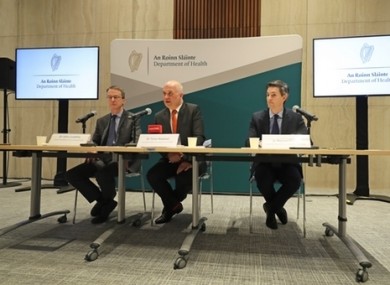 Dr John Cuddihy, HSE director of public health, Chief Medical Officer Dr Tony Holohan, and Deputy Chief Medical officer Dr Ronan Glynn, during the press conference at Department of Health.