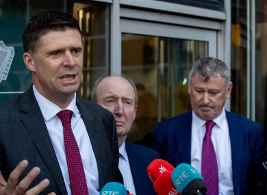 Niall Quinn, Shane Ross and interim CEO Gary Owens at the announcement of the government bailout of the FAI in January.