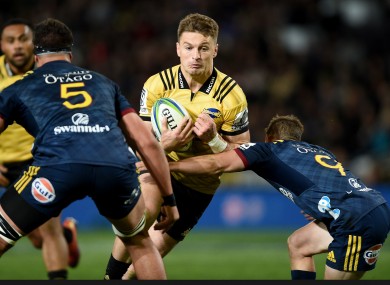 Beauden Barrett in possession for the Hurricanes against the Highlanders.