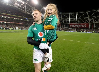 Earls with his daughter Ellie May after that famous win over New Zealand in 2018.