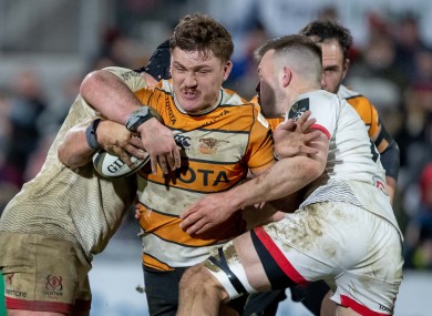 Jasper Wiese takes on Ulster's Tom O'Toole and David O'Connor.
