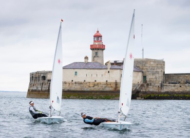 Annalise Murphy, left, and Aoife Hopkins on the water in Dun Laoghaire.