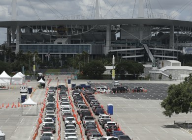 Cars waiting in line at a drive-thru testing facility in Florida.