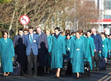 Aer Lingus staff in 2011 marching in Dublin Airport.