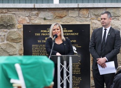 Deputy First Minister Michelle O'Neill speaks alongside Sinn Fein TD Pearse Doherty during the funeral of senior republican figure Bobby Storey.