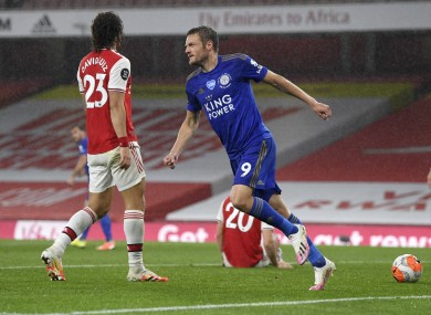 Jamie Vardy after scoring against Arsenal.