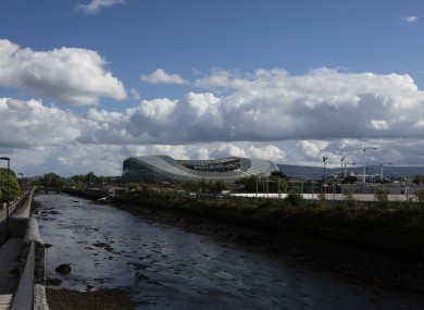The River Dodder with the Aviva Stadium in the background.