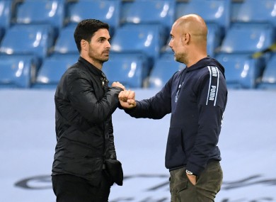Arteta (left) has been tipped to succeed by his mentor, Guardiola (r).