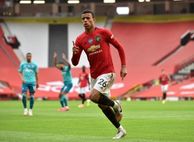 Manchester United's Mason Greenwood celebrates after scoring his second goal in today's win against Bournemouth.