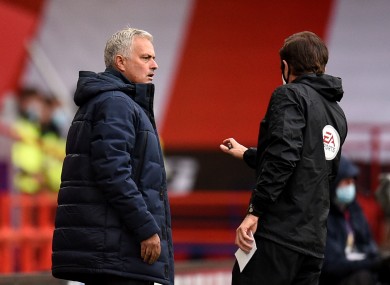 Tottenham Hotspur manager Jose Mourinho reacts after his side's goal is ruled out by VAR.