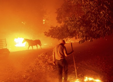 Bill Nichols, 84, works to save his home as fires tear through Vacaville in California.