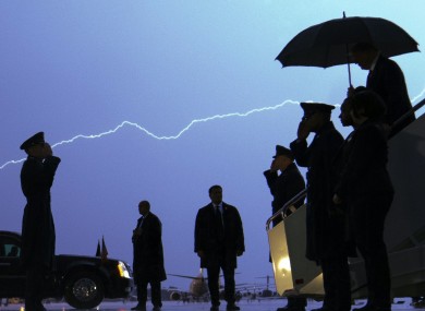 The US president arriving in New Hampshire.