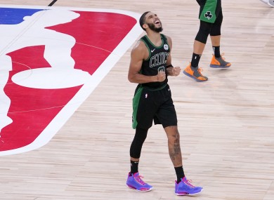 Jayson Tatum reacts after his side's victory over the Toronto Raptors.