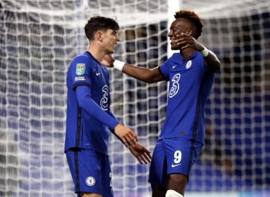 Kai Havertz celebrates with Chelsea team-mate Tammy Abraham after completing his hat-trick against Barnsley.