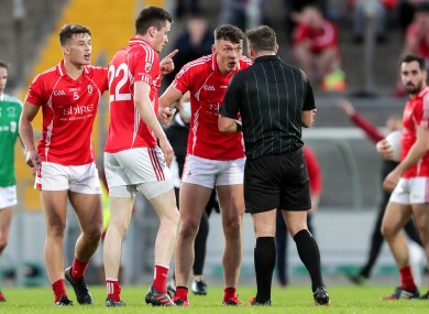 East Kerry's David Clifford protesting referee Jonathan Griffin's decision.