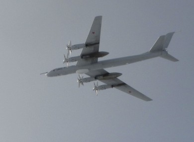 A Russian Tu-142 Bear F anti-submarine warfare and maritime patrol aircraft intercepted by Typhoon Quick Reaction Alert fighters in the North Sea near UK airspace.