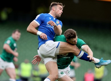 Ringrose catches Edoardo Padovani's knee in the face while attempting a chargedown.