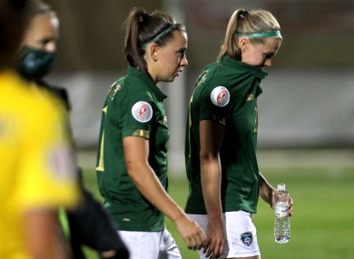Ireland's Katie McCabe and Ruesha Littlejohn dejected after the loss against Ukraine earlier this month.