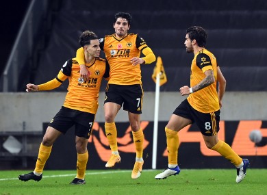 Rayan Ait-Nouri celebrates after scoring for Wolves.
