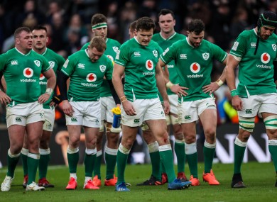 Irish players react to February's defeat to England.