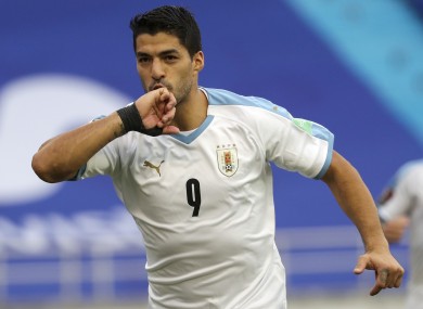 Suarez celebrating a goal against Colombia on Friday.