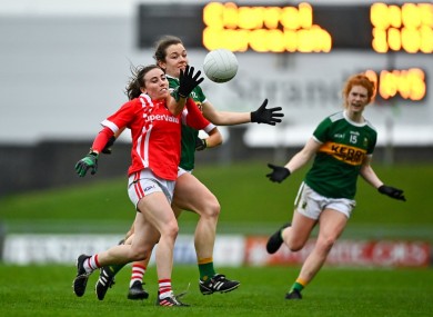 Anna Galvin of Kerry puts Cork's Melissa Duggan under pressure.