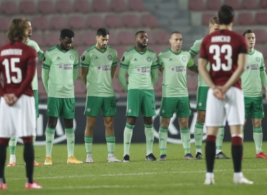 Celtic and Sparta Prague players observing a minute's silence in memory of Diego Maradona before kick-off.