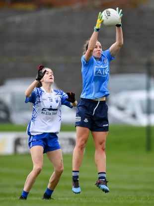 Dublin's Orlagh Nolan competes with Waterford's Aoife Murray.
