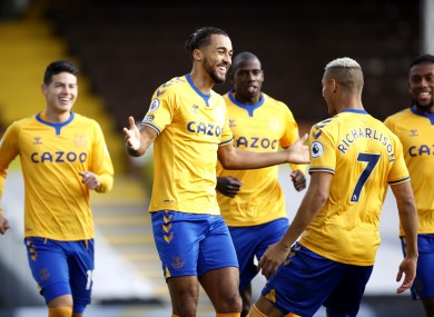 Goalscorer Dominic Calvert-Lewin celebrates with Richarilson and his Toffees team-mates.