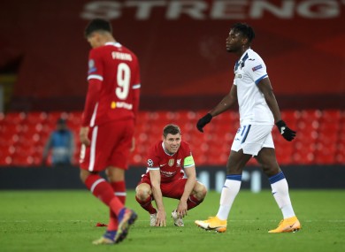 Liverpool's James Milner looking dejected after tonight's defeat to Atalanta at Anfield.