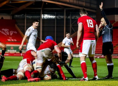 Mako Vunipola scores a try for England in their win over Wales today.