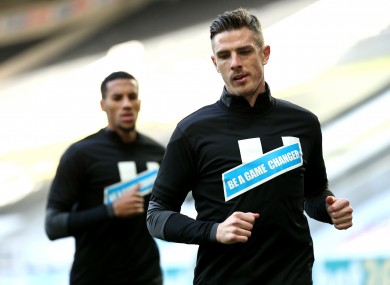 Ciaran Clark pictured warming up prior to today's game.