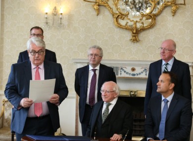 Pictured (LtoR): Chief Justice of Ireland, Frank Clarke; President Michael D Higgins, Tánaiste Leo Varadkar; Attorney General Seamus Woulfe and former Justice Minister Charlie Flanagan.
