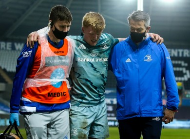 Leinster's Tommy O’Brien leaves the field due to an injury against Ospreys.