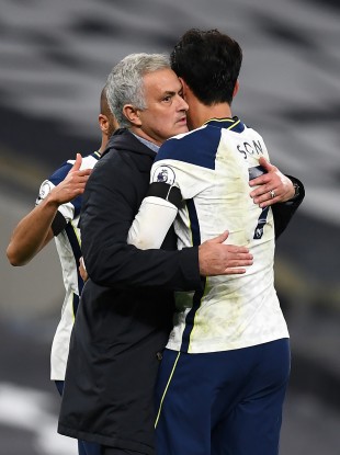 Tottenham Hotspur manager Jose Mourinho congratulates Son Heung-min.