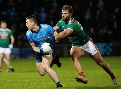 Mayo's Aidan O'Shea and Dublin's John Small during their 2020 league meeting.