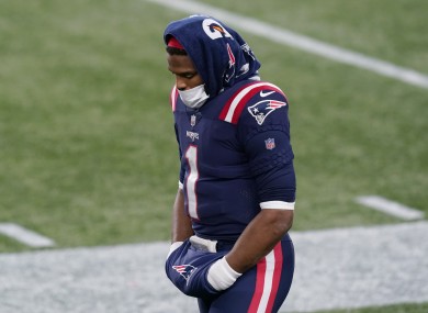 New England Patriots quarterback Cam Newton on the sideline during their defeat to the Buffalo Bills.