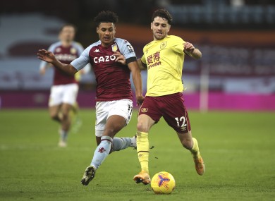 Aston Villa's Ollie Watkins and Burnley's Robbie Brady battling for possession during this evening's scoreless draw.