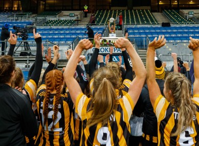 Kilkenny players celebrate their camogie All-Ireland title win on Saturday.